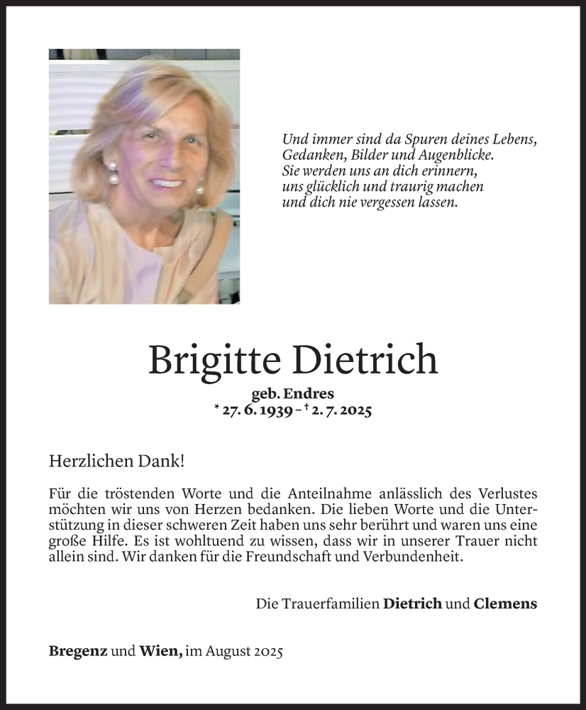  Todesanzeige für Brigitte Dietrich vom 07.08.2025 aus Vorarlberger Nachrichten