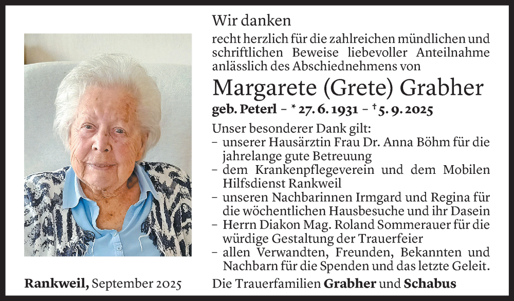  Todesanzeige für Margarete Grabher vom 23.09.2025 aus Vorarlberger Nachrichten