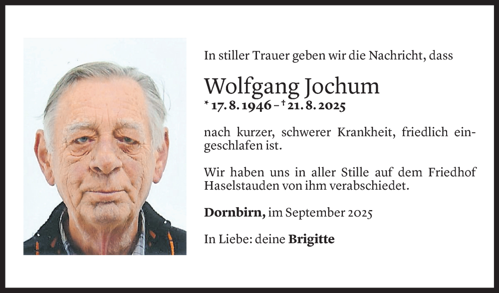  Todesanzeige für Wolfgang Jochum vom 09.09.2025 aus Vorarlberger Nachrichten