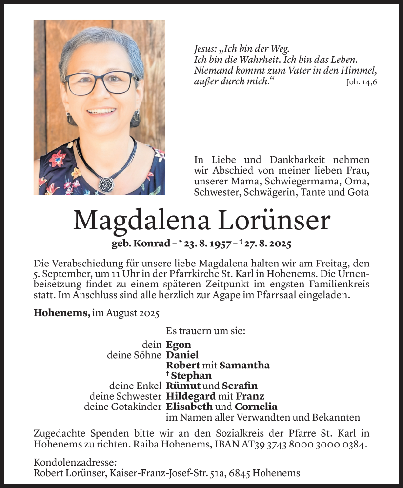  Todesanzeige für Magdalena Lorünser vom 02.09.2025 aus Vorarlberger Nachrichten
