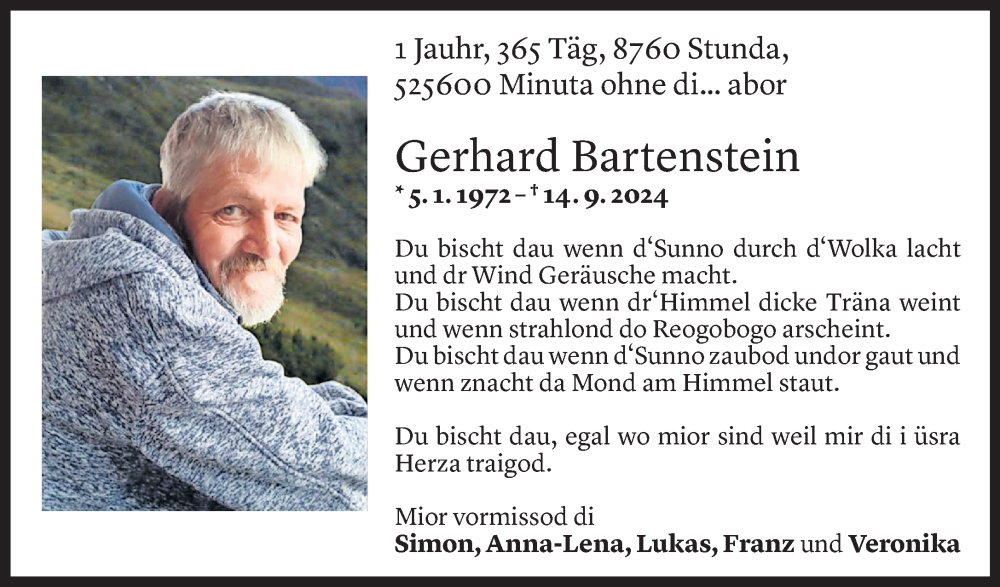  Todesanzeige für Gerhard Bartenstein vom 13.09.2025 aus Vorarlberger Nachrichten
