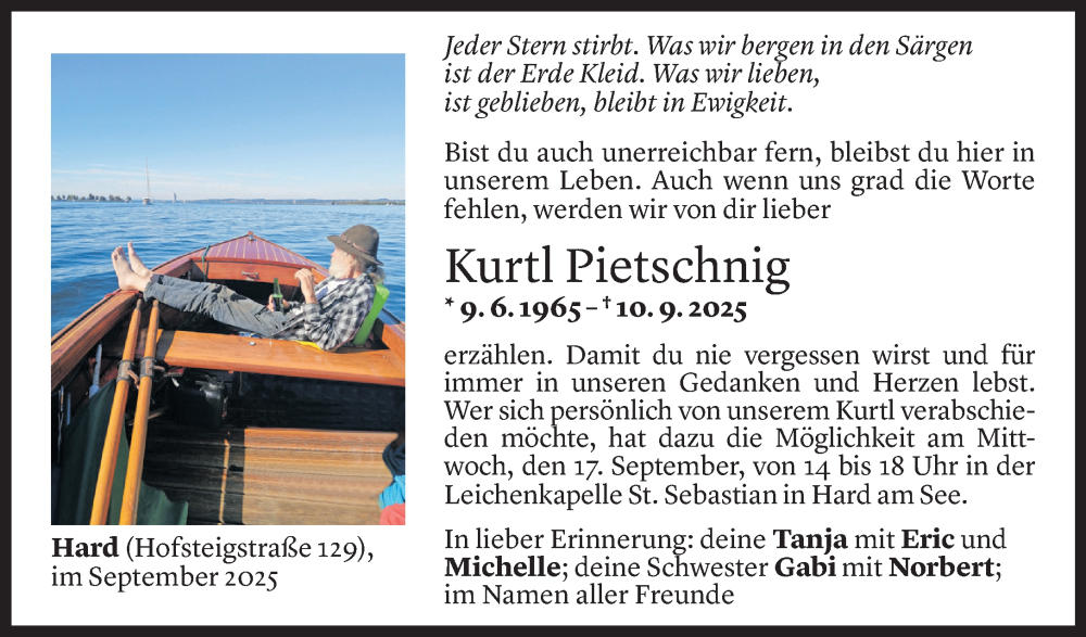  Todesanzeige für Kurtl Pietschnig vom 11.09.2025 aus Vorarlberger Nachrichten