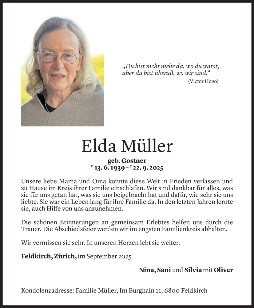  Todesanzeige für Elda Müller vom 29.09.2025 aus Vorarlberger Nachrichten
