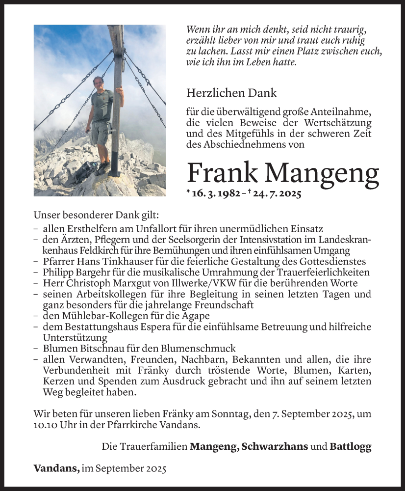  Todesanzeige für Frank Mangeng vom 04.09.2025 aus Vorarlberger Nachrichten
