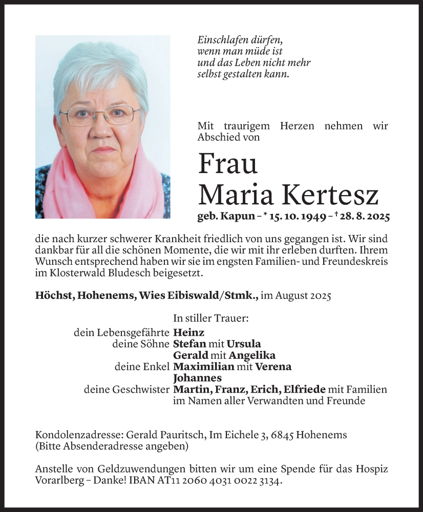  Todesanzeige für Maria Kertesz vom 04.09.2025 aus Vorarlberger Nachrichten