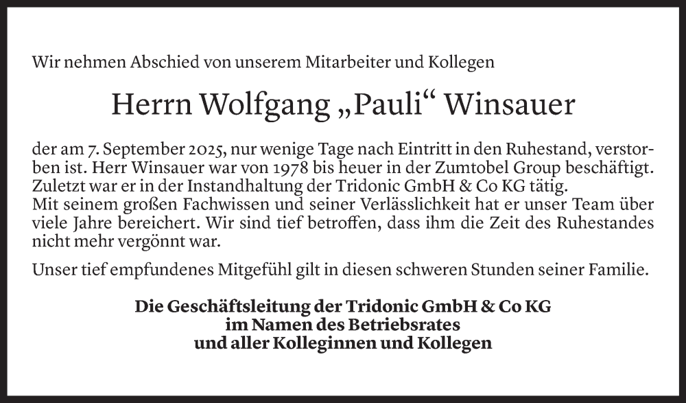  Todesanzeige für Wolfgang Winsauer vom 12.09.2025 aus Vorarlberger Nachrichten