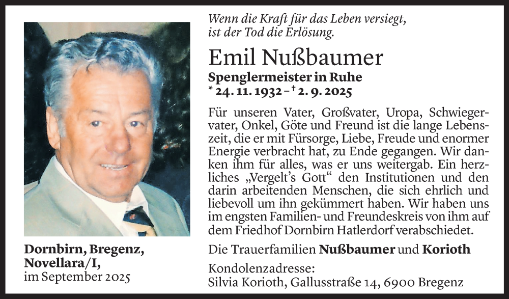  Todesanzeige für Emil Nußbaumer vom 04.09.2025 aus Vorarlberger Nachrichten