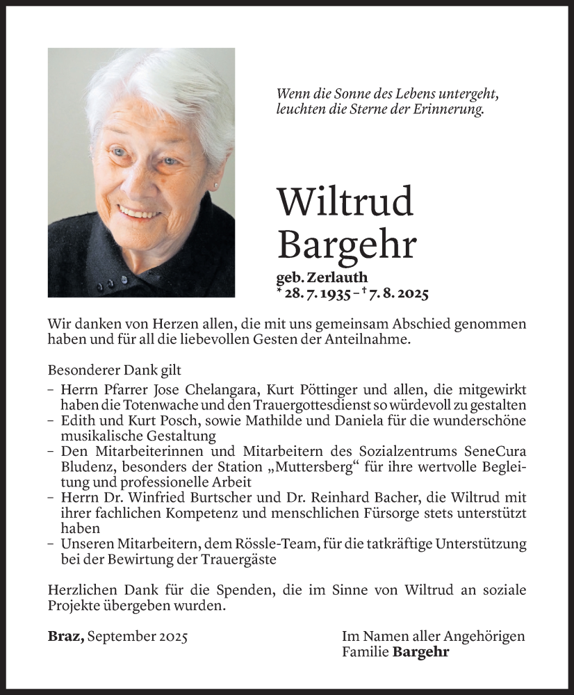  Todesanzeige für Wiltrud Bargehr vom 13.09.2025 aus Vorarlberger Nachrichten