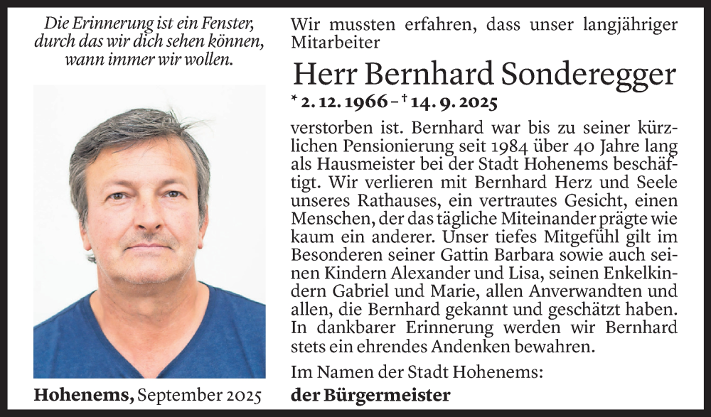  Todesanzeige für Bernhard Josef Sonderegger vom 16.09.2025 aus Vorarlberger Nachrichten