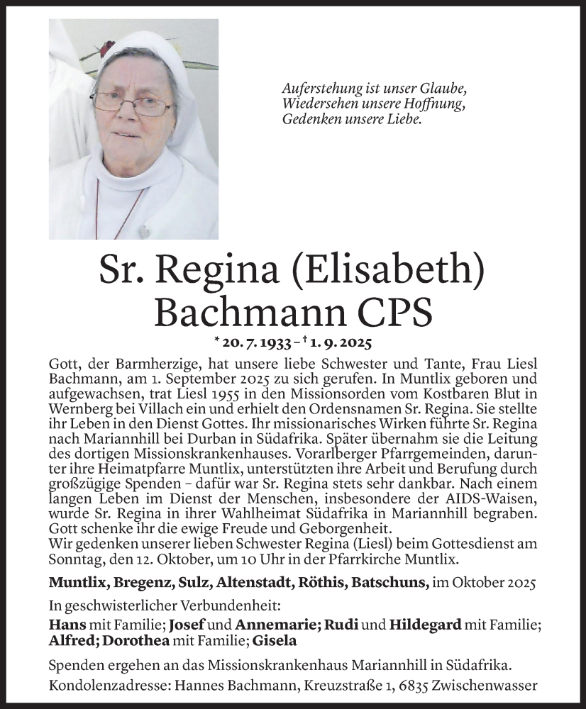  Todesanzeige für Regina Bachmann vom 06.10.2025 aus Vorarlberger Nachrichten