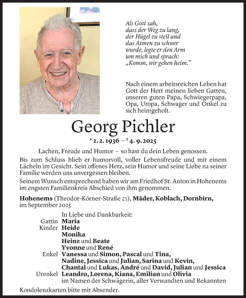  Todesanzeige für Georg Pichler vom 13.09.2025 aus Vorarlberger Nachrichten