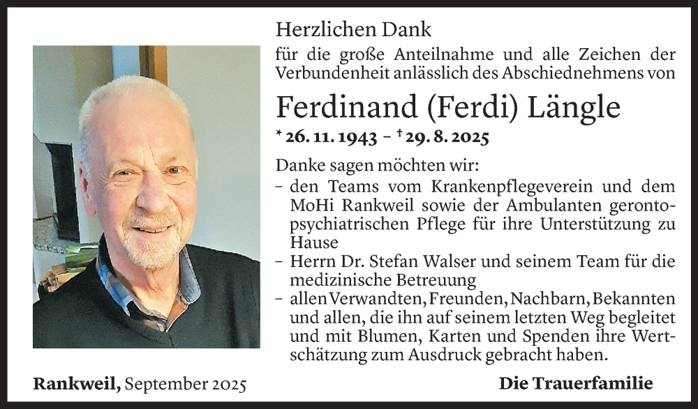  Todesanzeige für Ferdinand Längle vom 19.09.2025 aus Vorarlberger Nachrichten