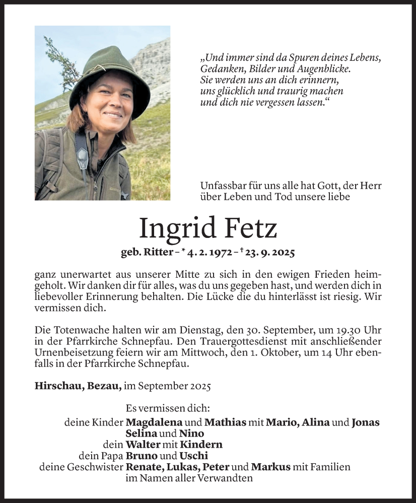  Todesanzeige für Ingrid Fetz vom 25.09.2025 aus Vorarlberger Nachrichten