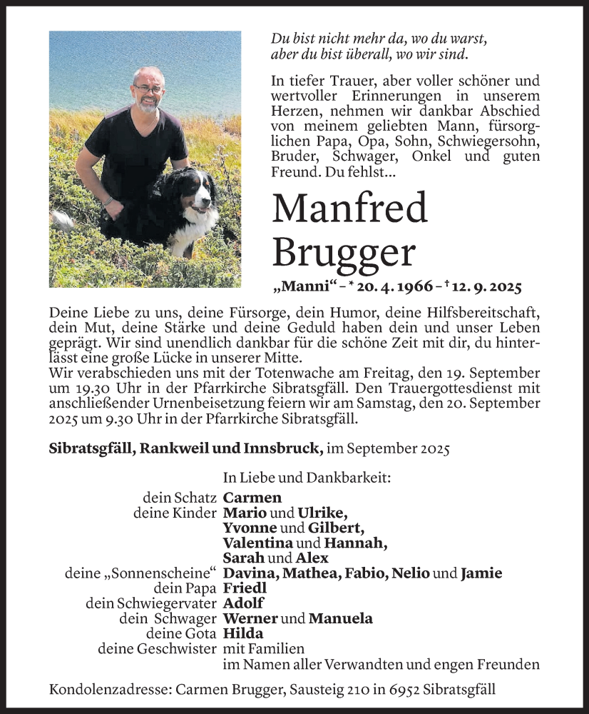  Todesanzeige für Manfred Brugger vom 16.09.2025 aus Vorarlberger Nachrichten