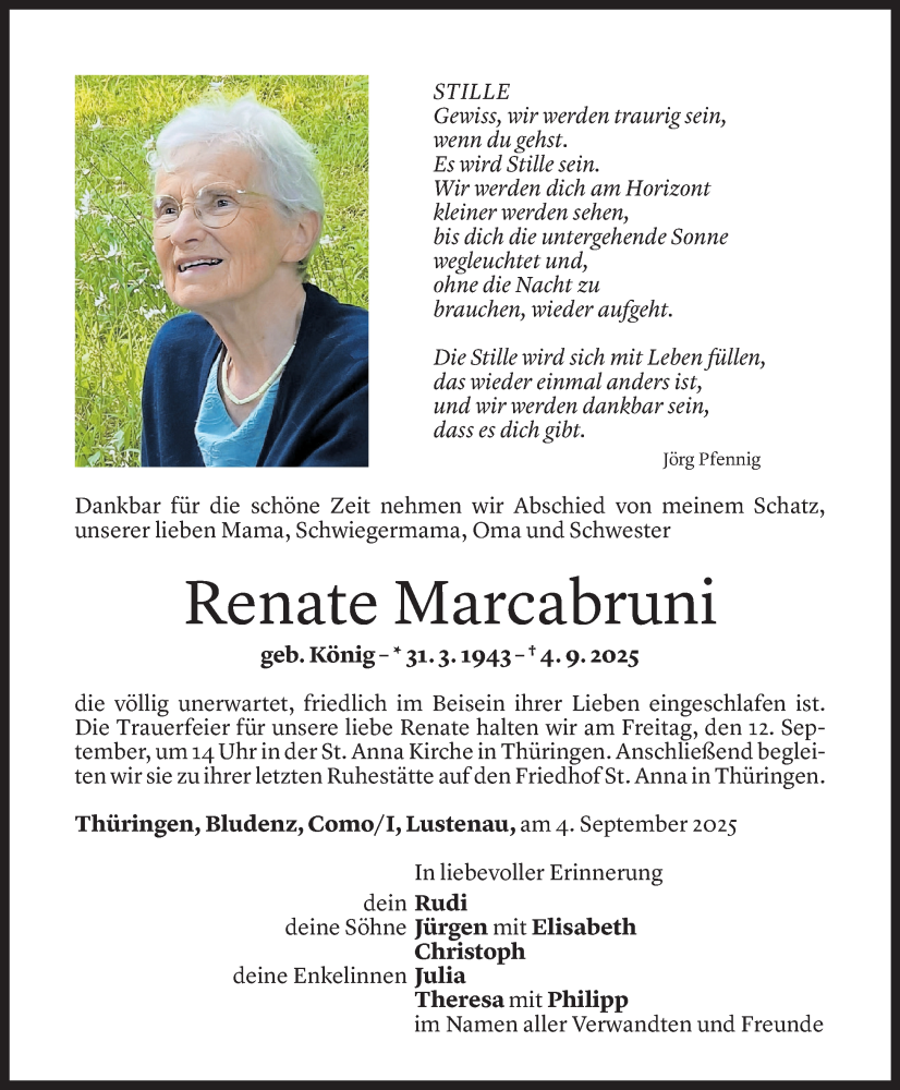  Todesanzeige für Renate Marcabruni vom 05.09.2025 aus Vorarlberger Nachrichten