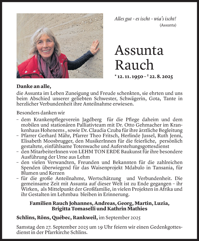  Todesanzeige für Assunta Rauch vom 25.09.2025 aus Vorarlberger Nachrichten