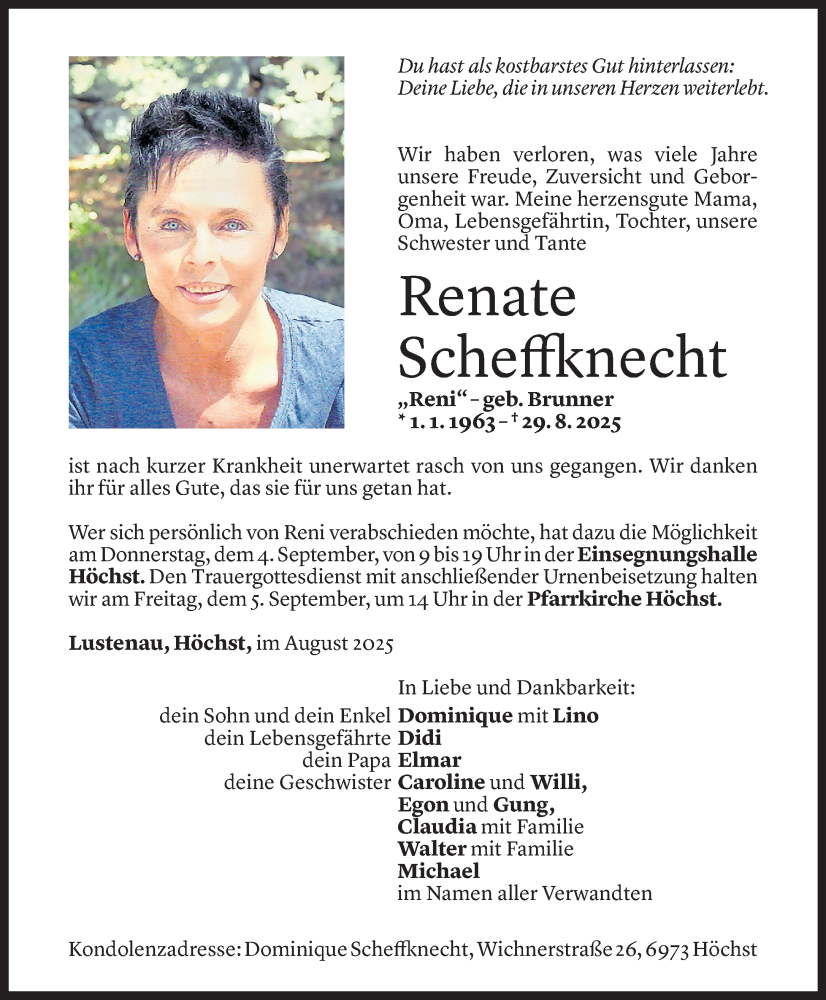  Todesanzeige für Renate Scheffknecht vom 02.09.2025 aus Vorarlberger Nachrichten