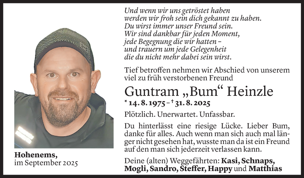  Todesanzeige für Guntram Heinzle vom 03.09.2025 aus Vorarlberger Nachrichten