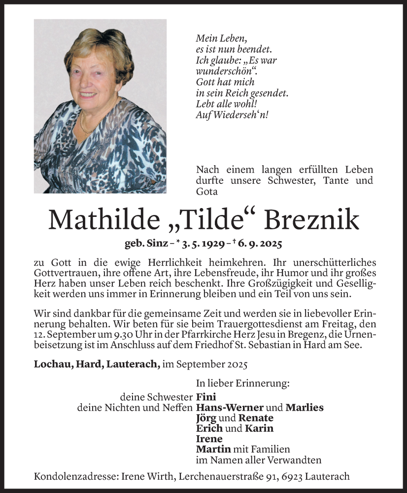  Todesanzeige für Mathilde Breznik vom 09.09.2025 aus Vorarlberger Nachrichten