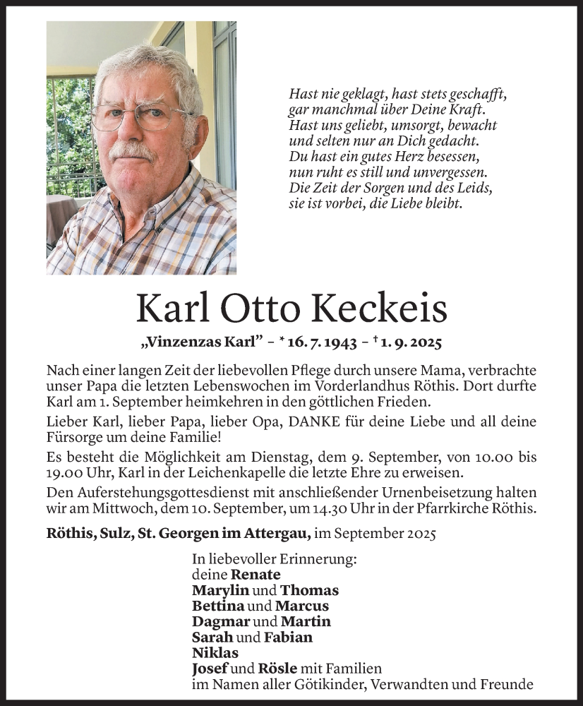  Todesanzeige für Karl Otto Keckeis vom 03.09.2025 aus Vorarlberger Nachrichten
