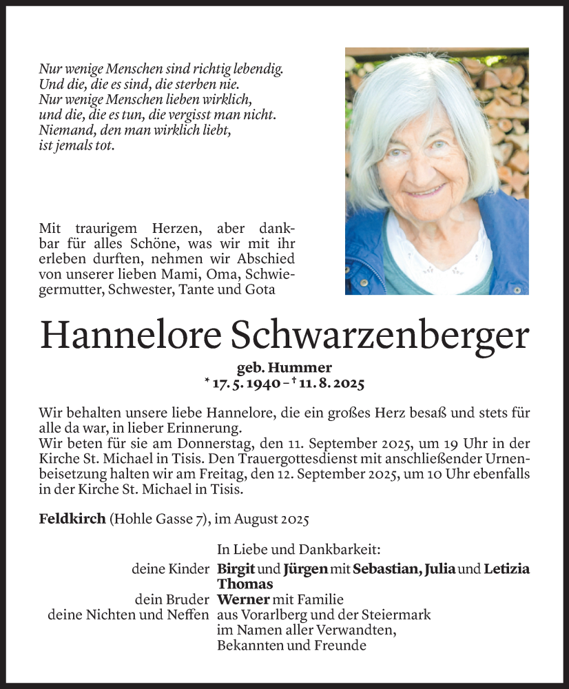  Todesanzeige für Hannelore Schwarzenberger vom 05.09.2025 aus Vorarlberger Nachrichten