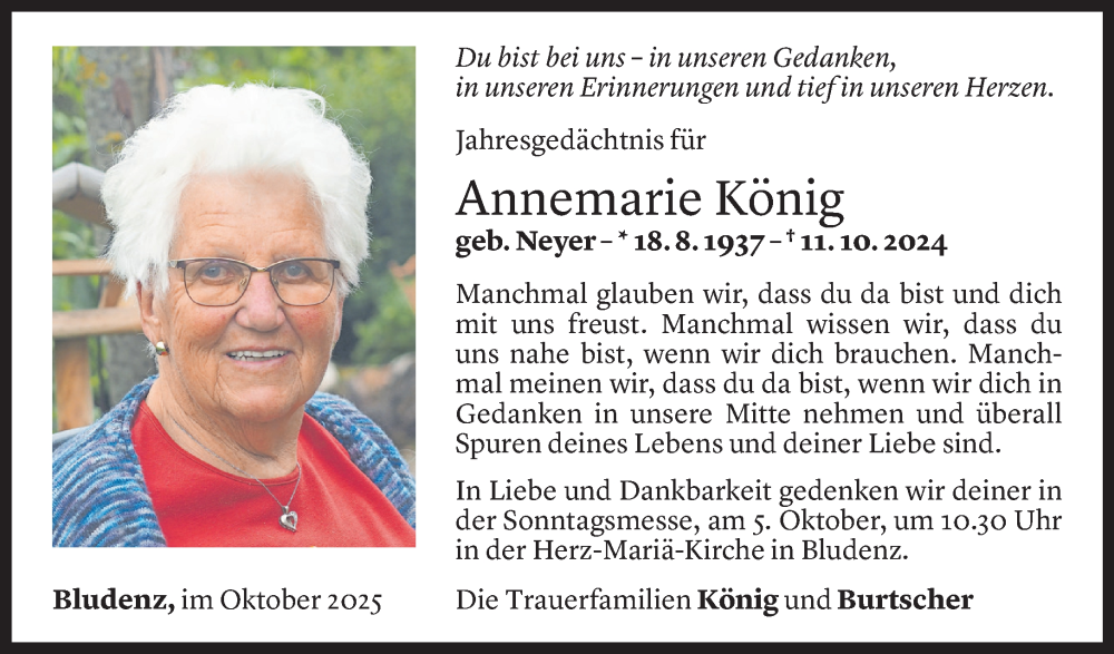  Todesanzeige für Annemarie König vom 01.10.2025 aus Vorarlberger Nachrichten