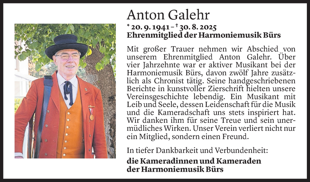  Todesanzeige für Anton Galehr vom 03.09.2025 aus Vorarlberger Nachrichten