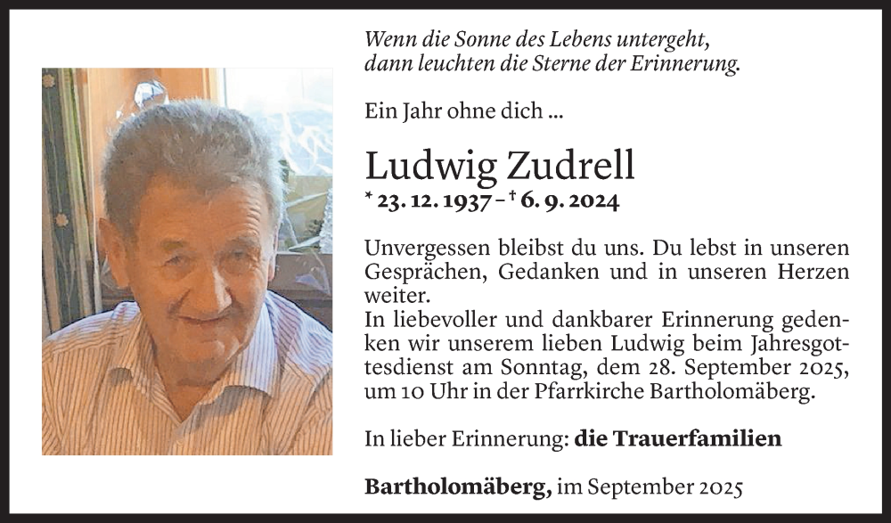  Todesanzeige für Ludwig Zudrell vom 26.09.2025 aus Vorarlberger Nachrichten
