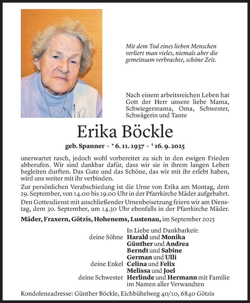  Todesanzeige für Erika Böckle vom 26.09.2025 aus Vorarlberger Nachrichten