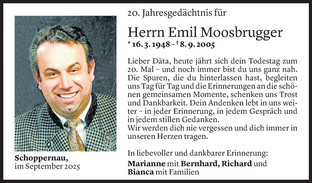  Todesanzeige für Emil Moosbrugger vom 08.09.2025 aus Vorarlberger Nachrichten