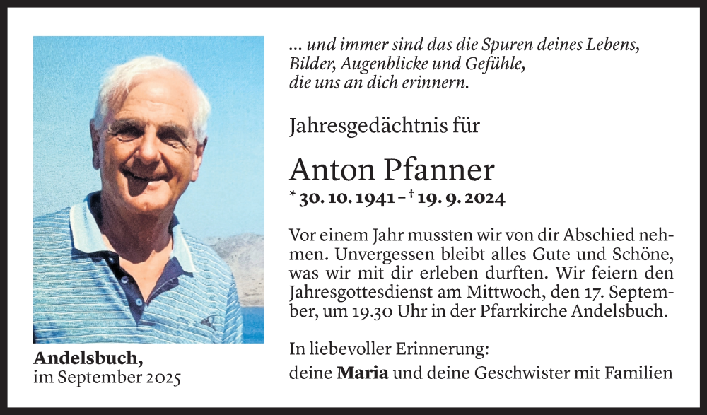  Todesanzeige für Anton Pfanner vom 16.09.2025 aus Vorarlberger Nachrichten