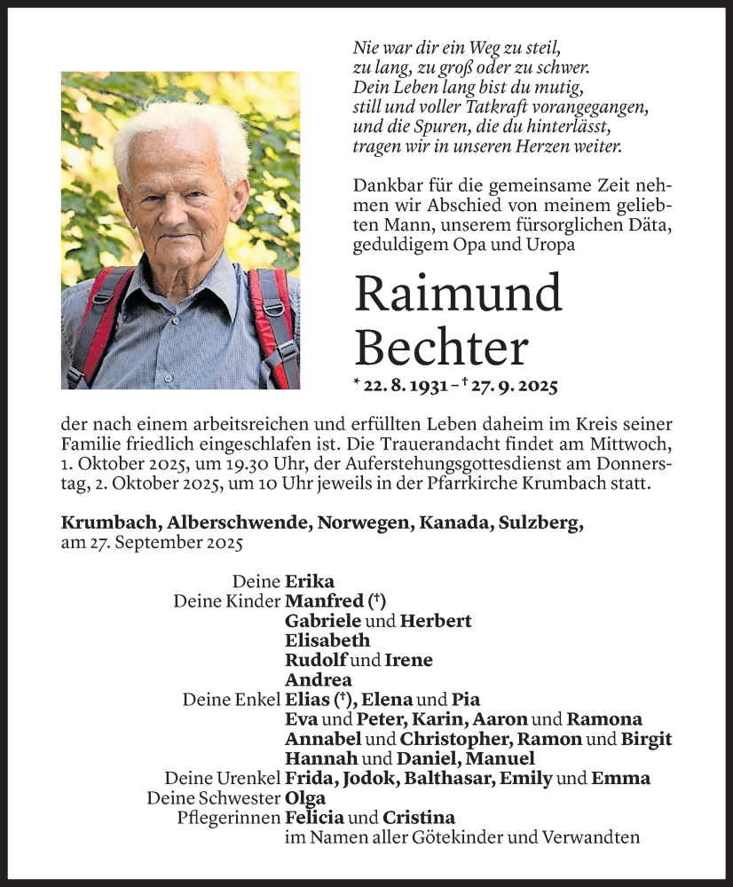  Todesanzeige für Raimund Bechter vom 29.09.2025 aus Vorarlberger Nachrichten