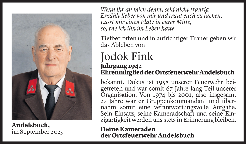  Todesanzeige für Jodok Fink vom 23.09.2025 aus Vorarlberger Nachrichten