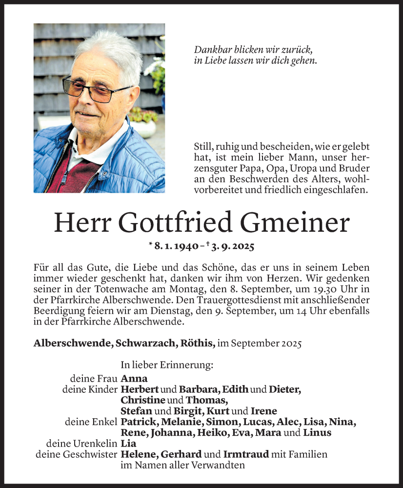  Todesanzeige für Gottfried Gmeiner vom 05.09.2025 aus Vorarlberger Nachrichten