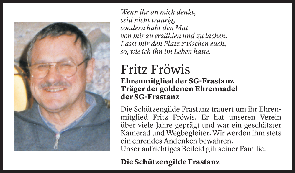  Todesanzeige für Fritz Fröwis vom 17.09.2025 aus Vorarlberger Nachrichten