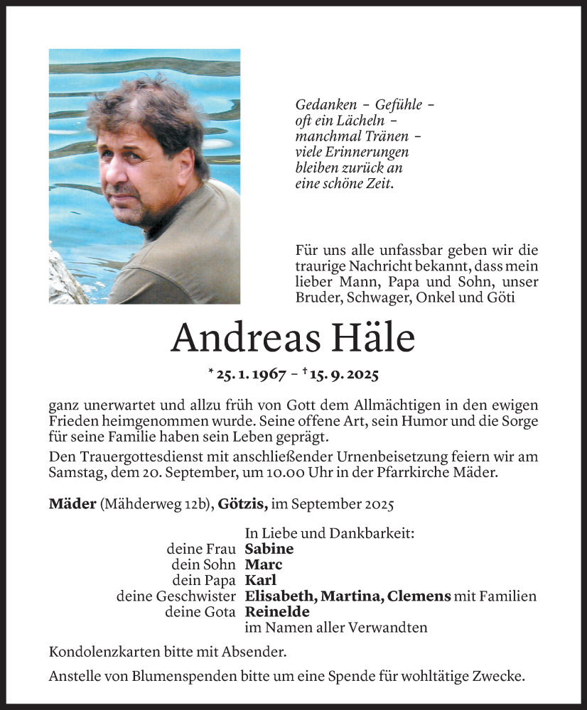  Todesanzeige für Andreas Häle vom 16.09.2025 aus Vorarlberger Nachrichten