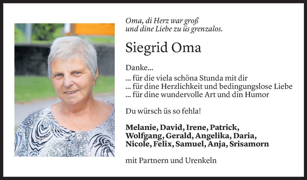  Todesanzeige für Siegrid Wulz vom 21.09.2025 aus Vorarlberger Nachrichten