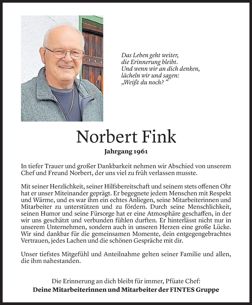  Todesanzeige für Norbert Fink vom 24.09.2025 aus Vorarlberger Nachrichten