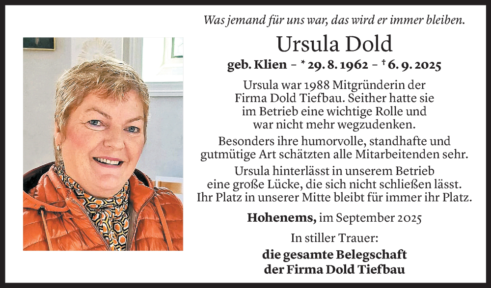  Todesanzeige für Ursula Dold vom 09.09.2025 aus Vorarlberger Nachrichten