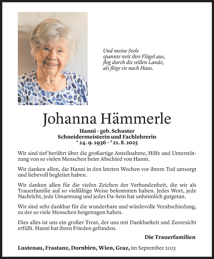  Todesanzeige für Johanna Hämmerle vom 19.09.2025 aus Vorarlberger Nachrichten