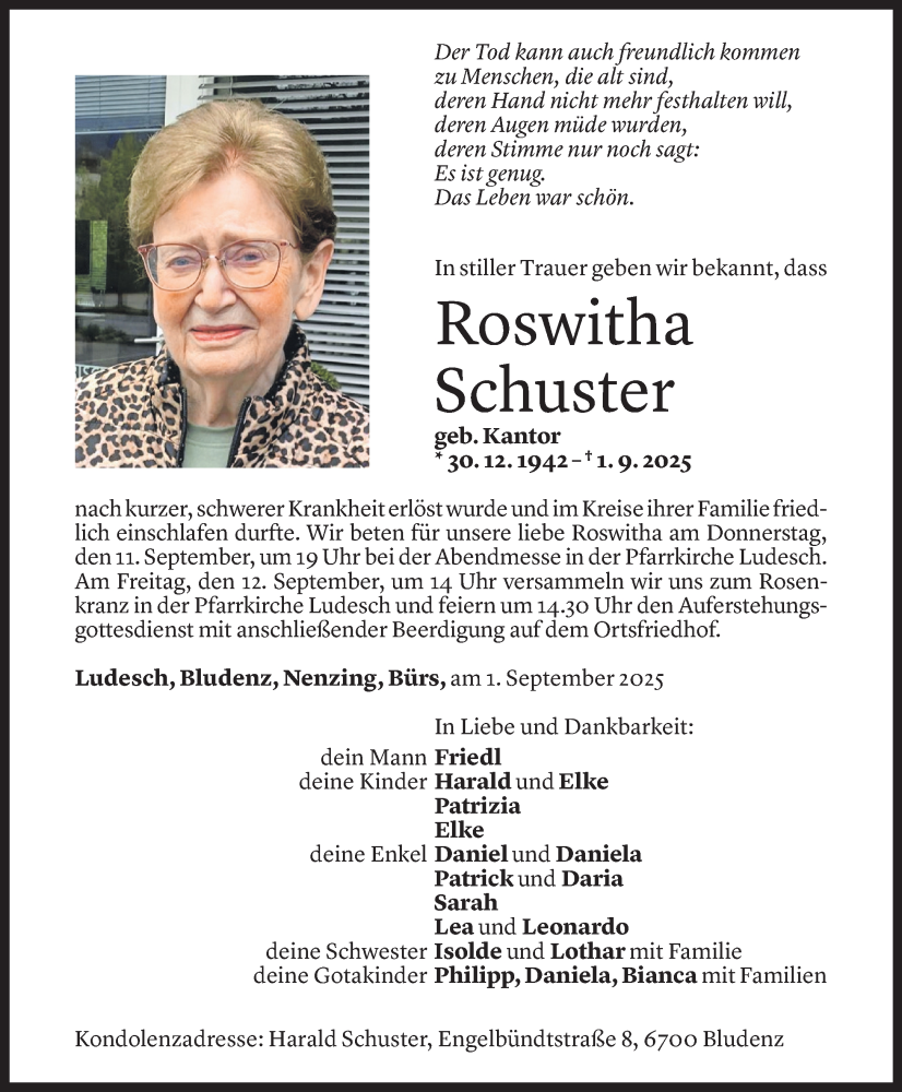  Todesanzeige für Roswitha Schuster vom 05.09.2025 aus Vorarlberger Nachrichten