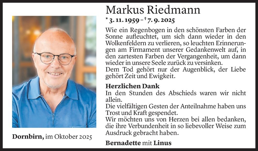  Todesanzeige für Markus Riedmann vom 30.09.2025 aus Vorarlberger Nachrichten
