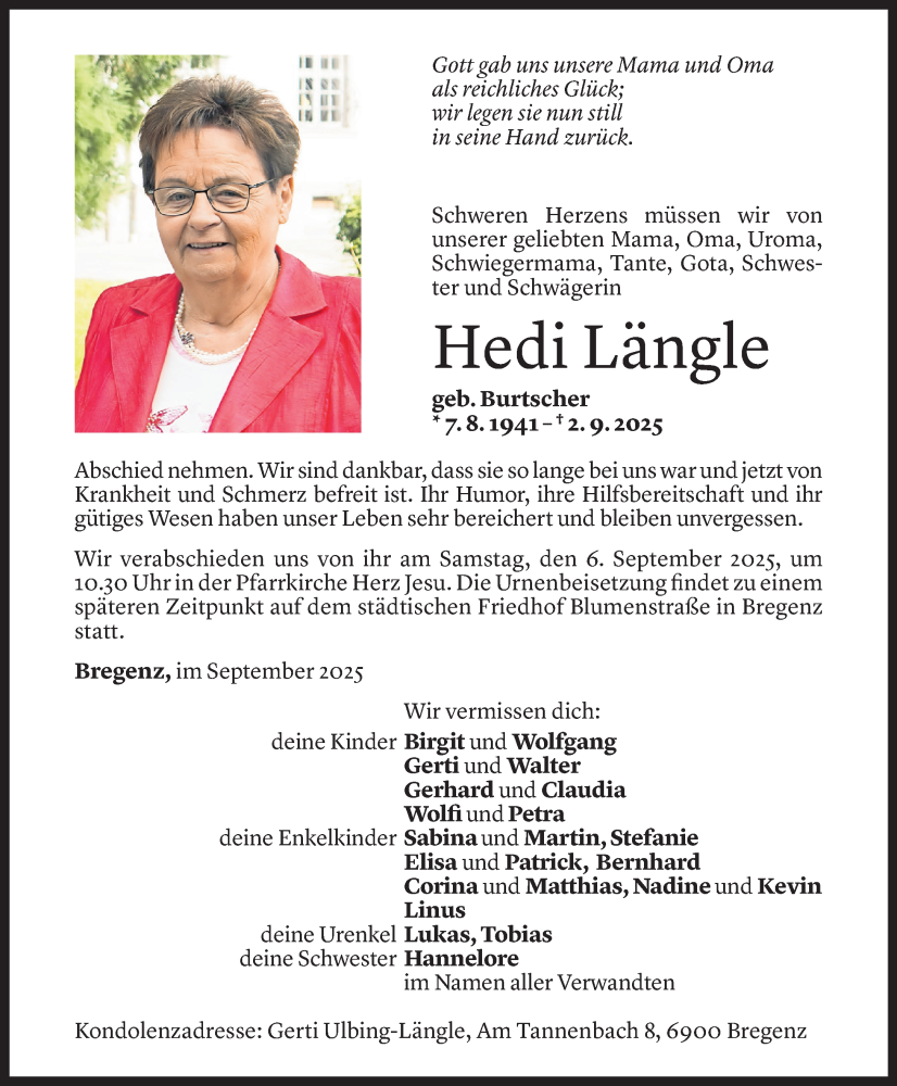  Todesanzeige für Hedi Längle vom 03.09.2025 aus Vorarlberger Nachrichten