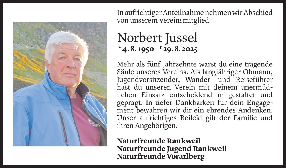  Todesanzeige für Norbert Jussel vom 02.09.2025 aus Vorarlberger Nachrichten
