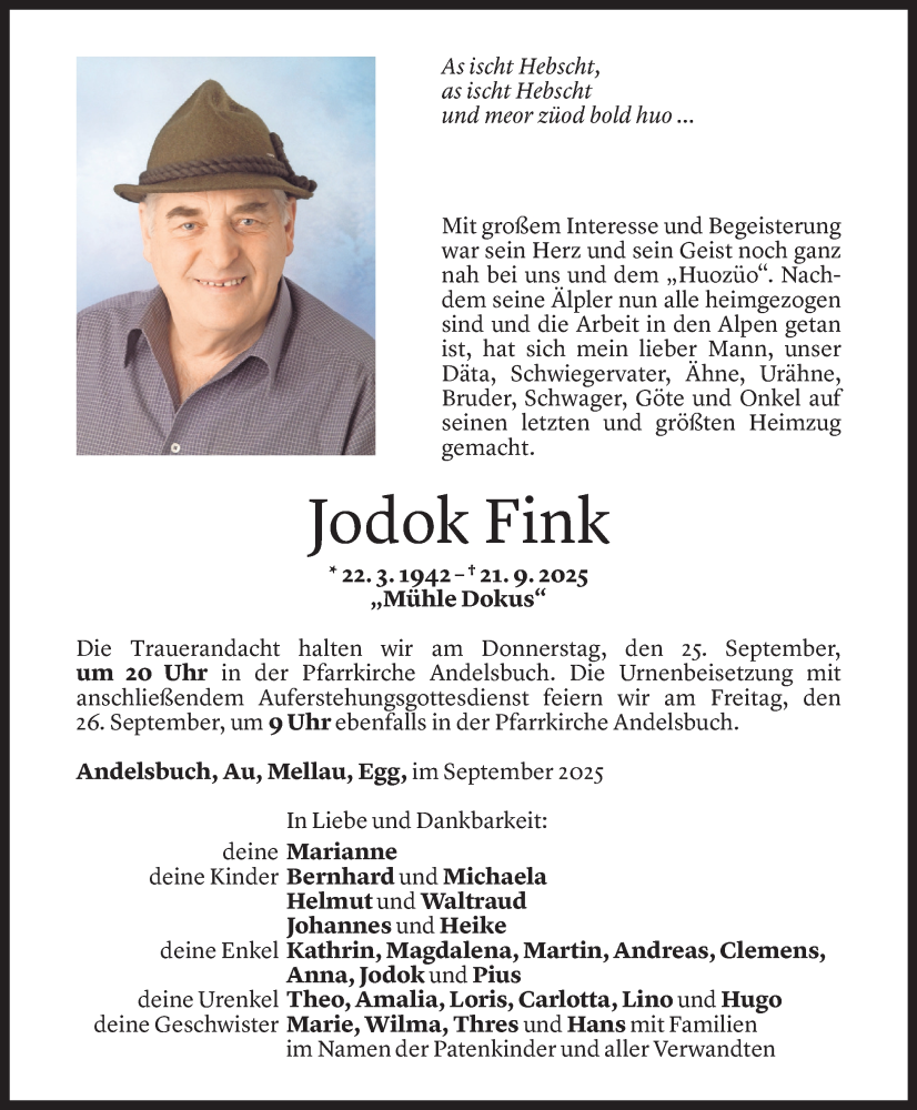  Todesanzeige für Jodok Fink vom 23.09.2025 aus Vorarlberger Nachrichten