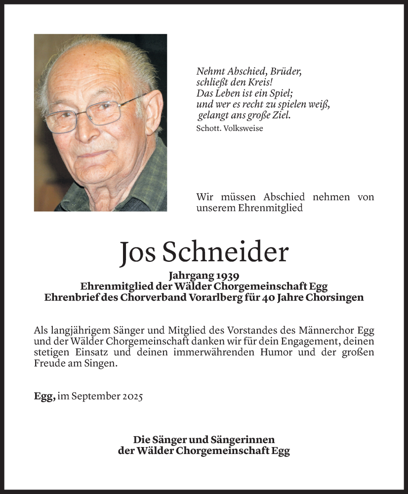  Todesanzeige für Jos Schneider vom 09.09.2025 aus Vorarlberger Nachrichten
