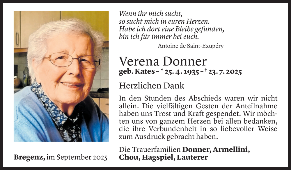  Todesanzeige für Verena Donner vom 05.09.2025 aus Vorarlberger Nachrichten