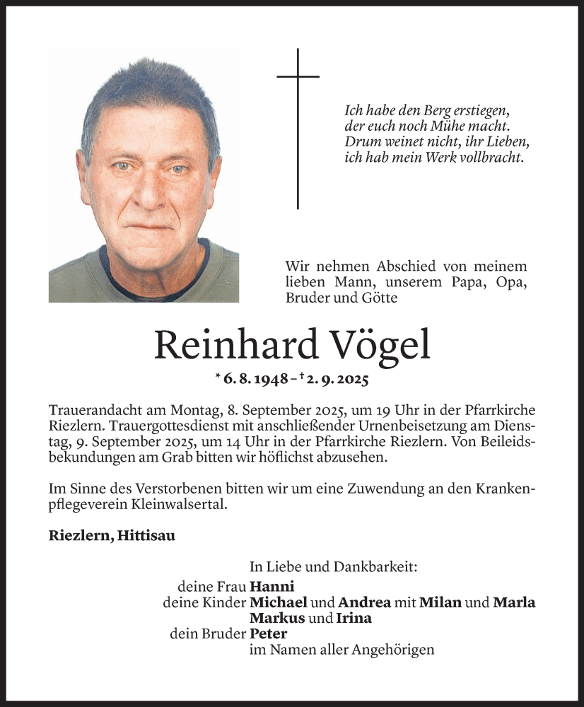  Todesanzeige für Reinhard Vögel vom 04.09.2025 aus Vorarlberger Nachrichten