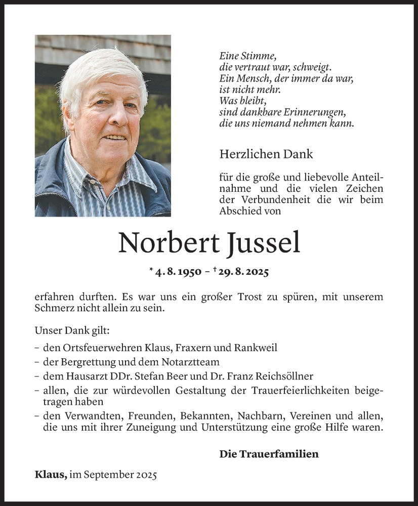  Todesanzeige für Norbert Jussel vom 25.09.2025 aus Vorarlberger Nachrichten