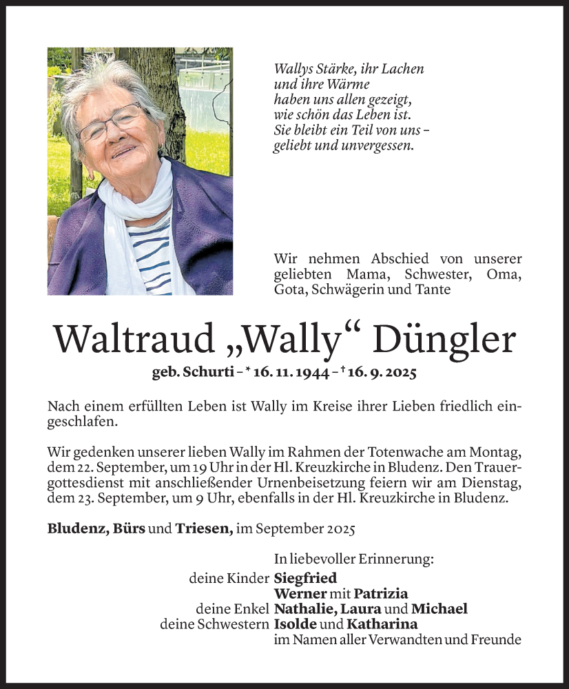  Todesanzeige für Waltraud Düngler vom 19.09.2025 aus Vorarlberger Nachrichten